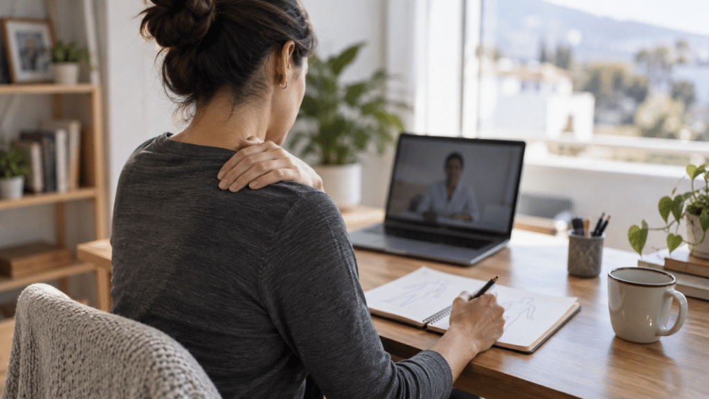 Persona registrando molestias en el hombro antes de una consulta médica online