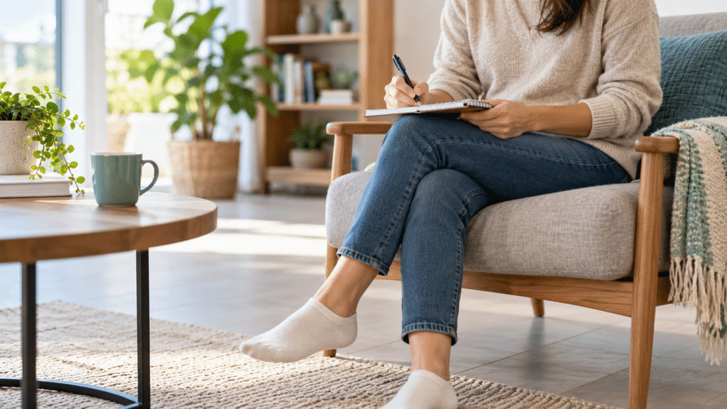 Persona anotando dolor de talón leve antes de una consulta médica online
